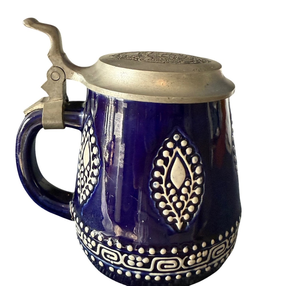 Merkelbach Grenzhausen German Beer Stein‎ Cobalt Blue Pewter Lid 1913 Engraving